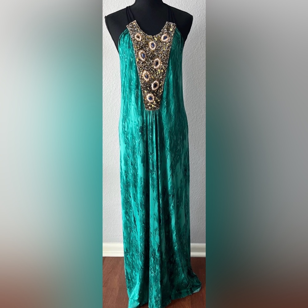 T-Bags Los Angeles Green Beaded Halter Maxi Dress